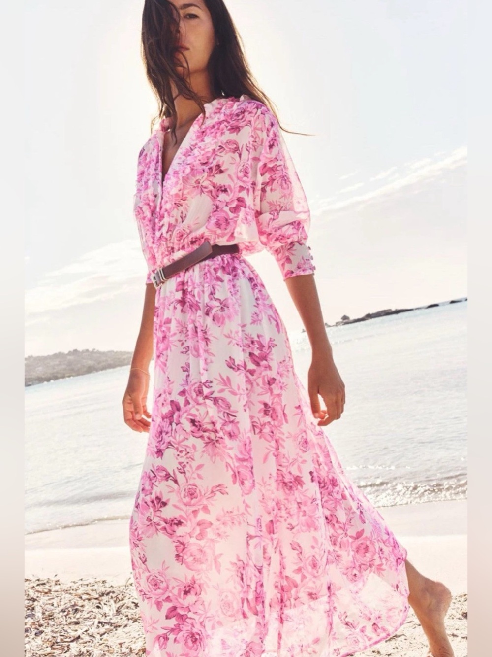 Zara Pink Floral Maxi Dress size Small belt missing